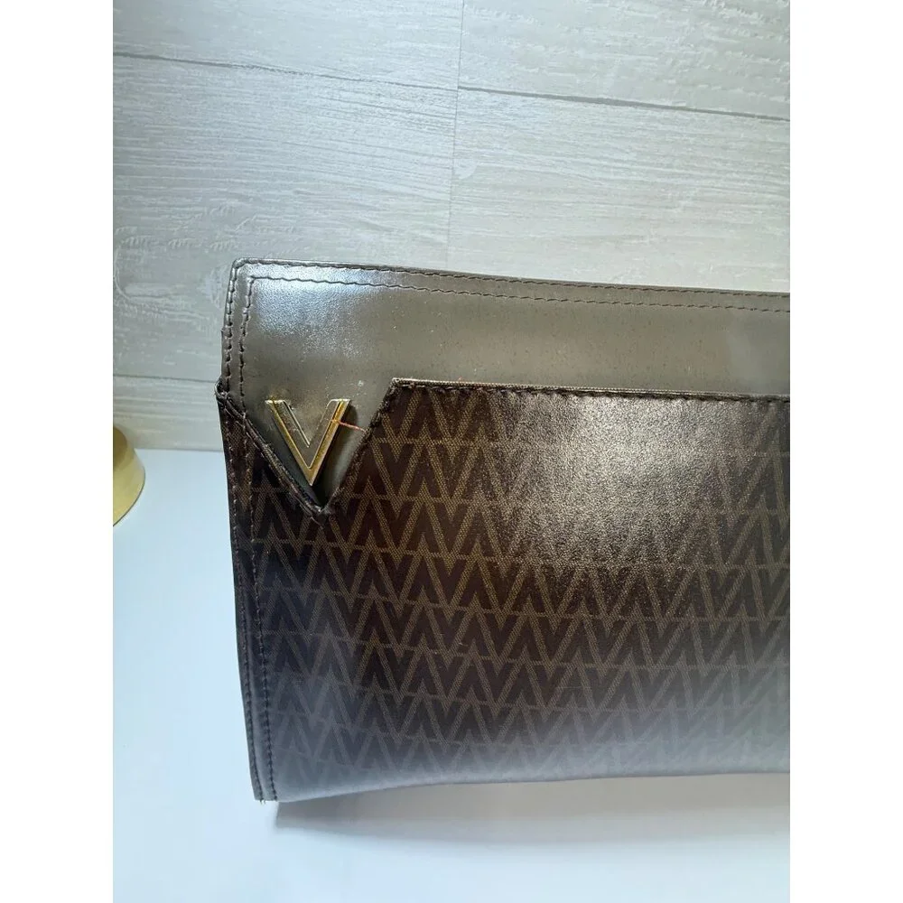 Authentic Valentino Monogram Clutch Bag Brown & Gold Faux Leather Zip Closure 11